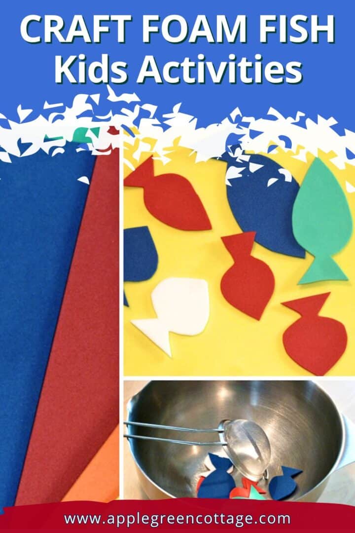 Craft foam fish next to a stailnless steel bowl, ready for kids play activities