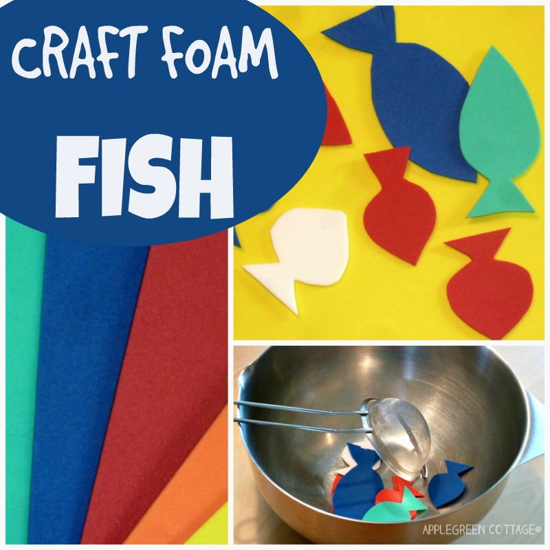 Craft foam fish next to a stailnless steel bowl, ready for kids play activities