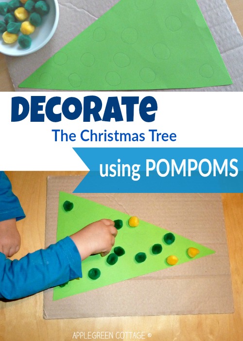 A Christmas-themed fine motor activity for toddlers. All you need are several pompoms and a piece of paper.