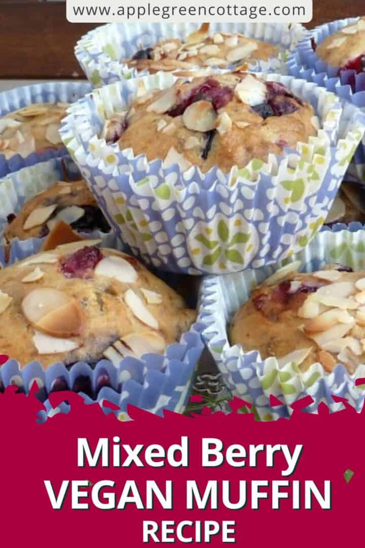 a plate full of freshly baked mixed berry muffins in cute paper plates