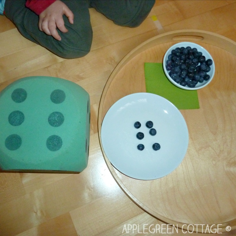 a large foam dice with six dots on top and a plate with six blueberries 