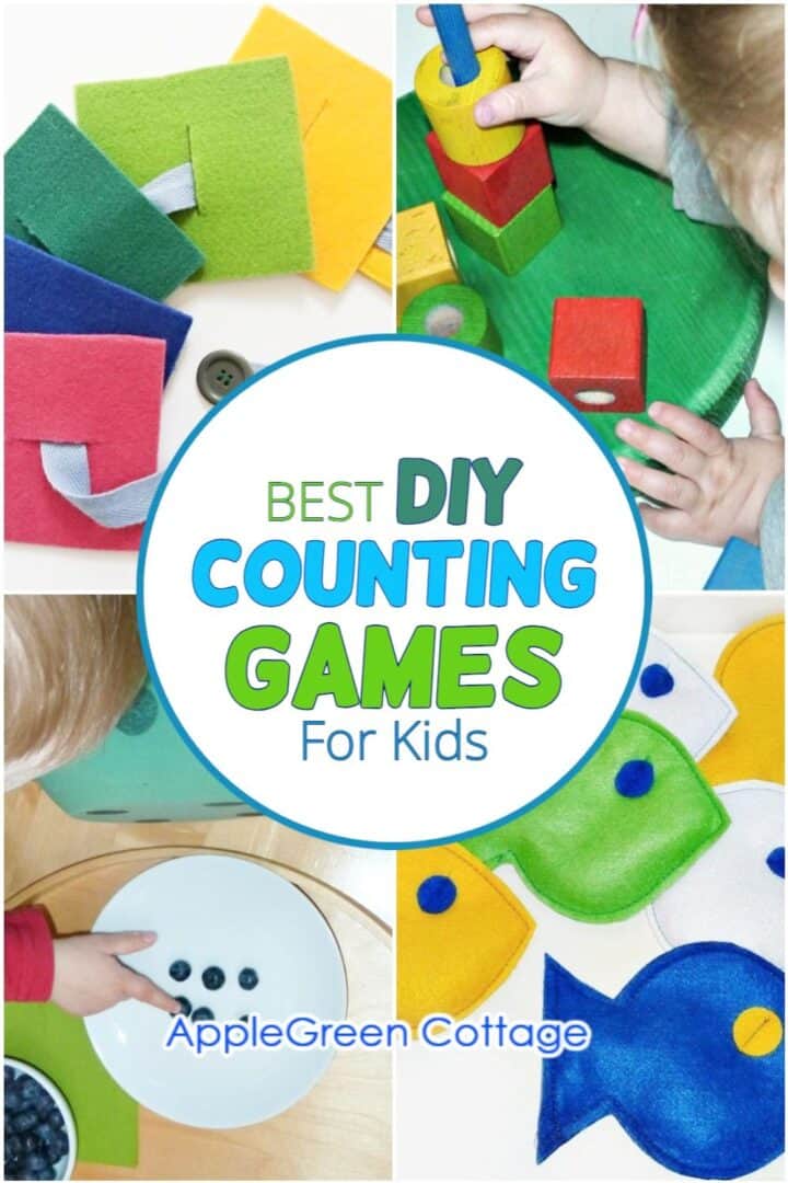 four different homemade counting game sets for preschool kids made in different materials like felt, wood, foam, and paper
