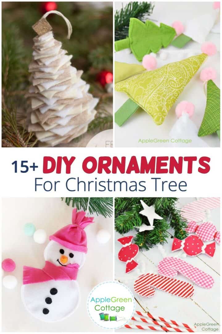 DIY Christmas ornament collage with felt trees, candy shapes, and a snowman, in a free sewing tutorial roundup.