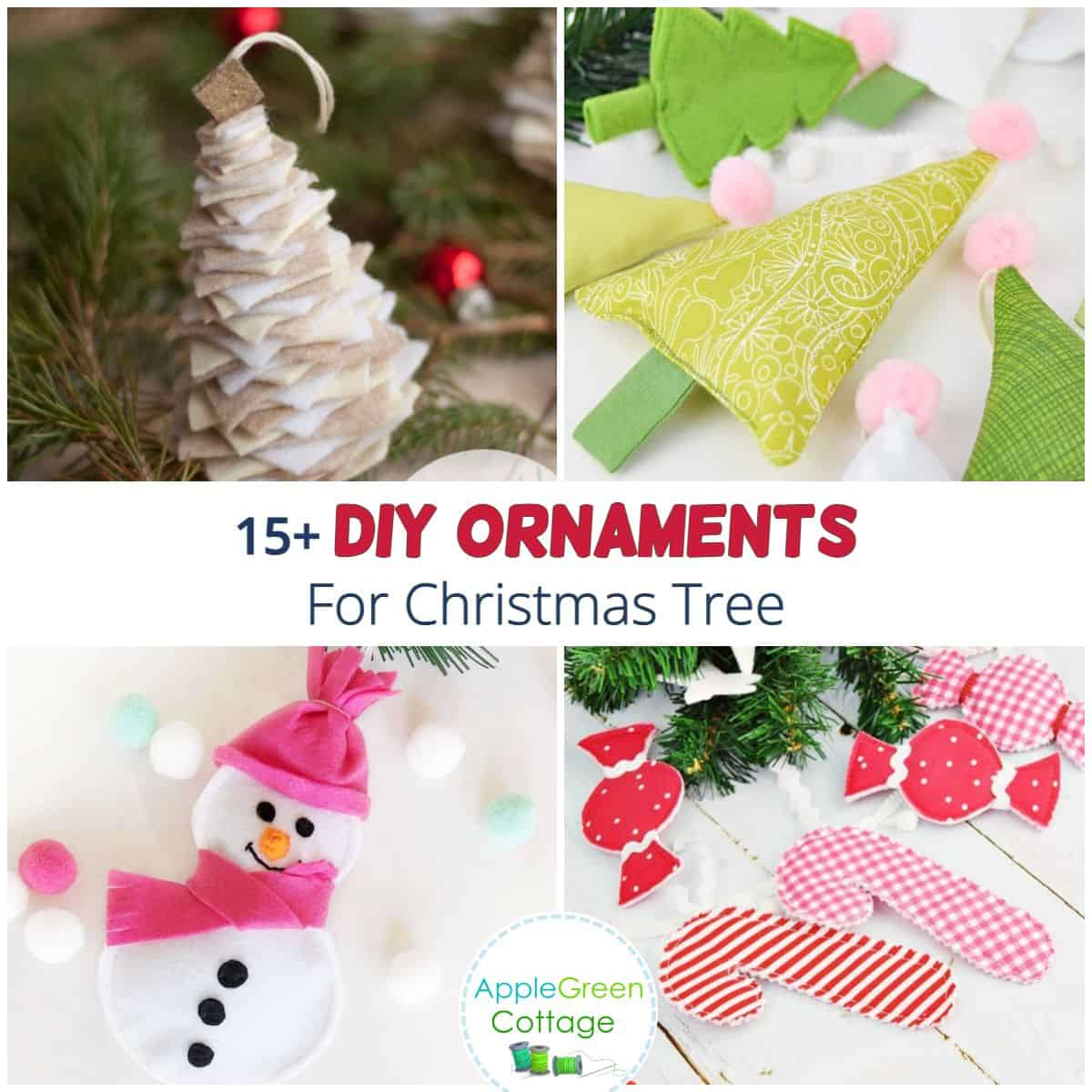 Collage of handmade fabric and felt Christmas ornaments featuring tree shapes, candy canes, and a snowman tutorial.