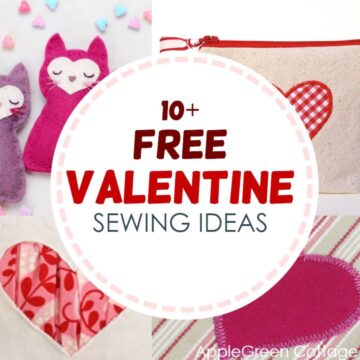 Collage of 10+ free Valentine sewing projects, featuring felt owl plushies, a heart-appliqué zipper pouch, patchwork heart designs, and other creative DIY gift ideas. Perfect for Valentine's Day crafting!