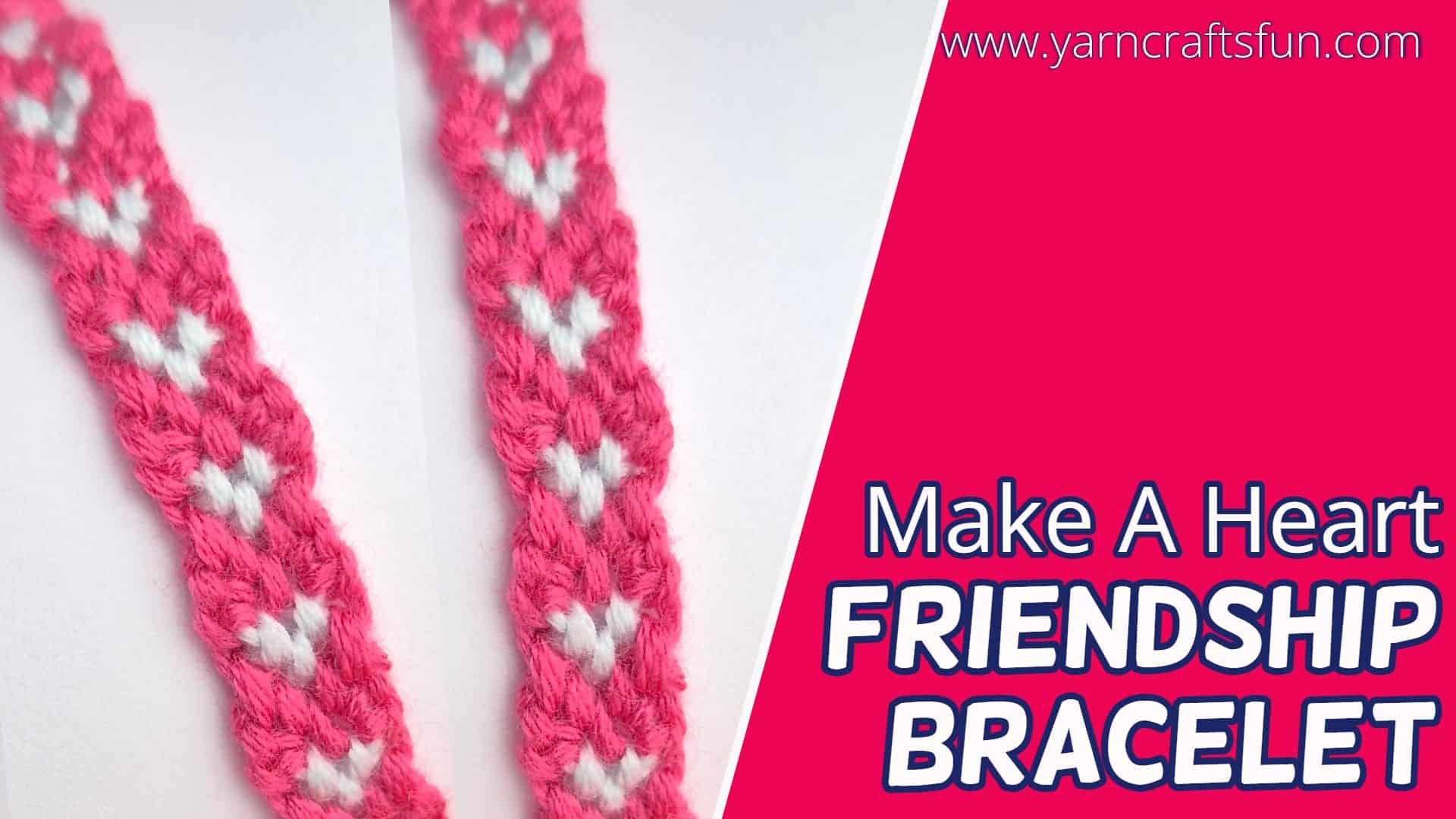 a bright pink yarn friendship bracelet with tiny hearts