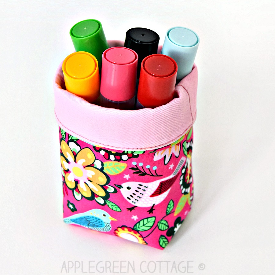 small handmade fabric bin filled with pencils