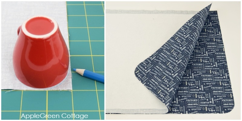 a red cup used as a template to round corners on a flap when sewing a messenger bag 