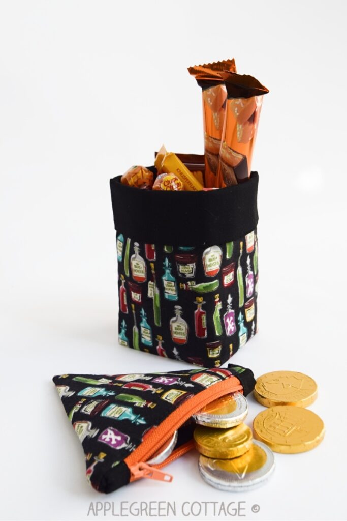 black Halloween basket and Halloween zipper pouch