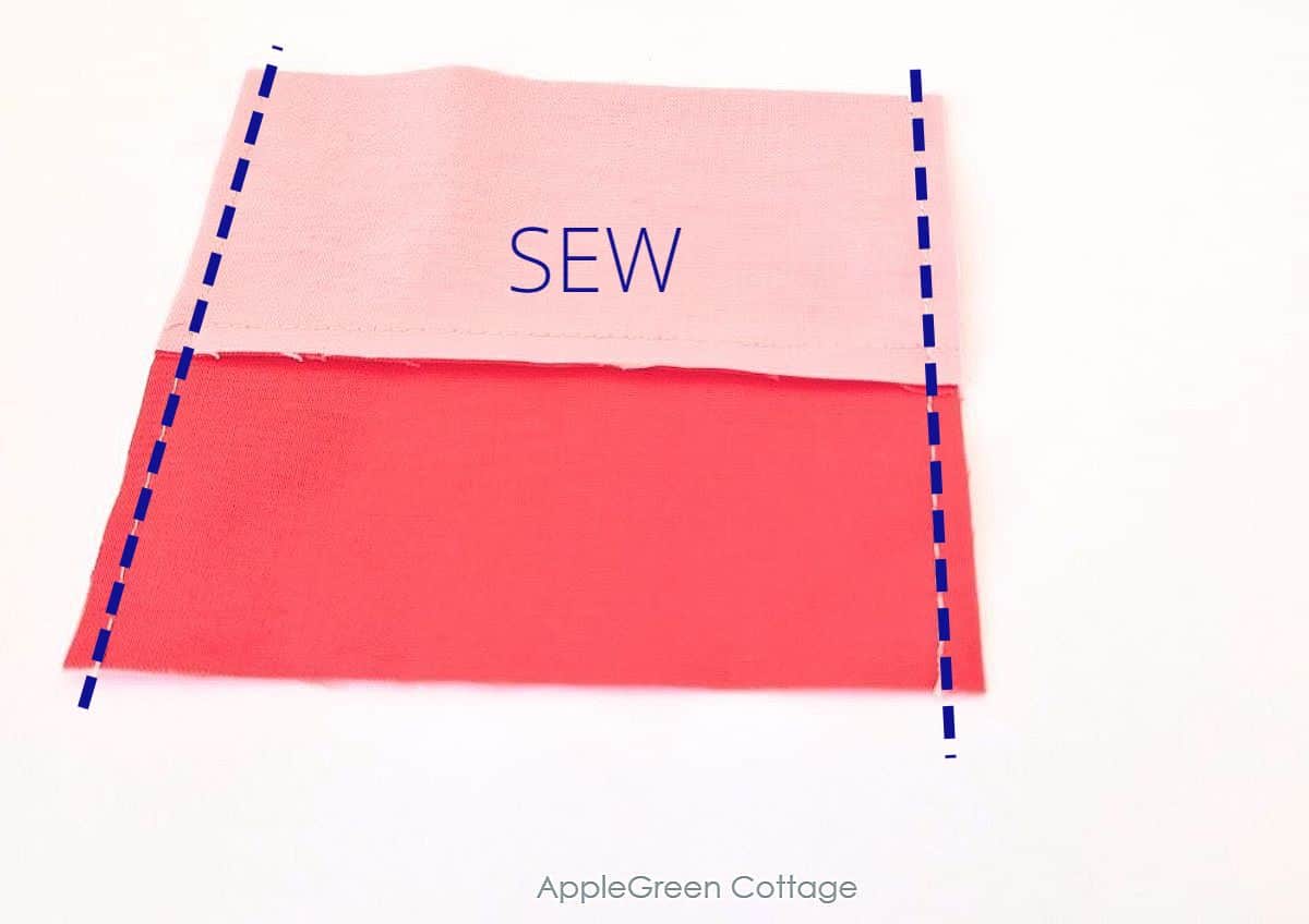 Two pink fabric pieces sewn together, with the 'SEW' text labeled along the seam, showing where to stitch.