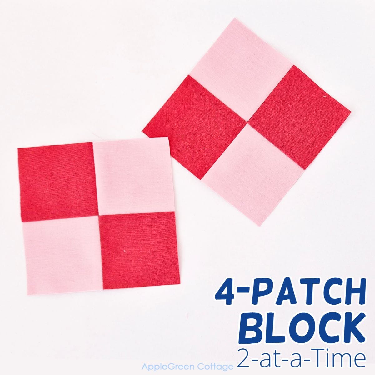 Two completed four-patch quilt blocks with pink and red fabric in a grid pattern on a white background.