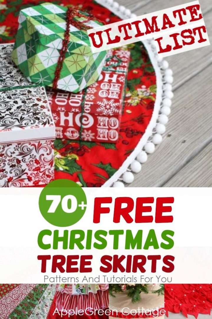 A beautiful handmade fabric Christmas tree skirt under a Christmas tree, with pompom trim.