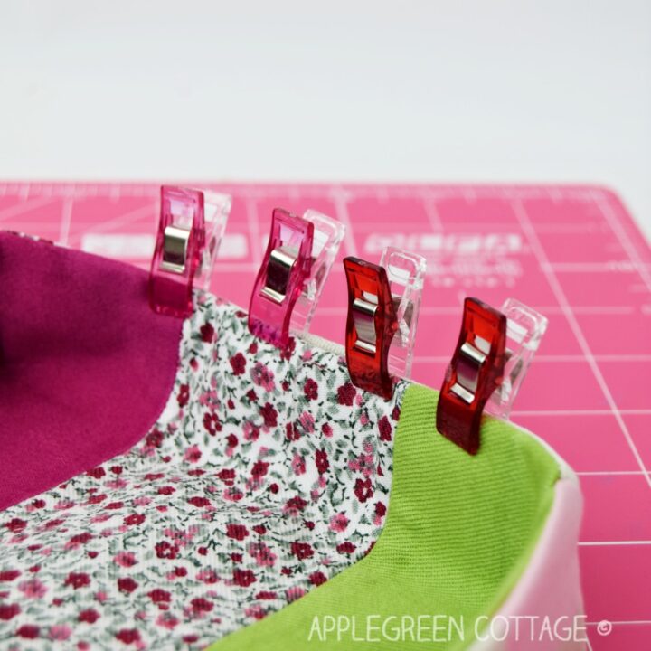 closeup of the fabric tray with sewing clips attached