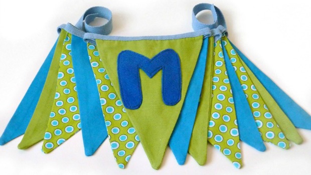 finished green and blue fabric bunting as diy party decoration