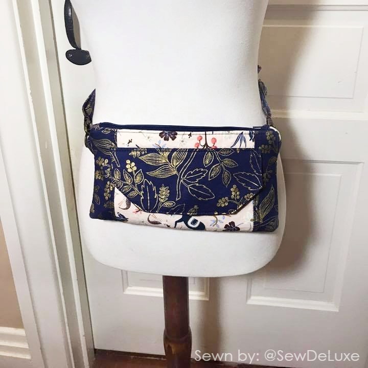 diy fanny pack wallet sewn in blue and white fabric