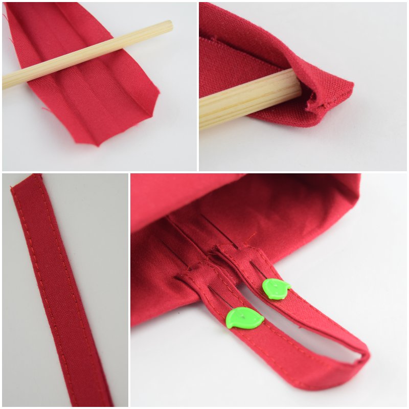 red fabric pieces showing steps to sew a hanging loop