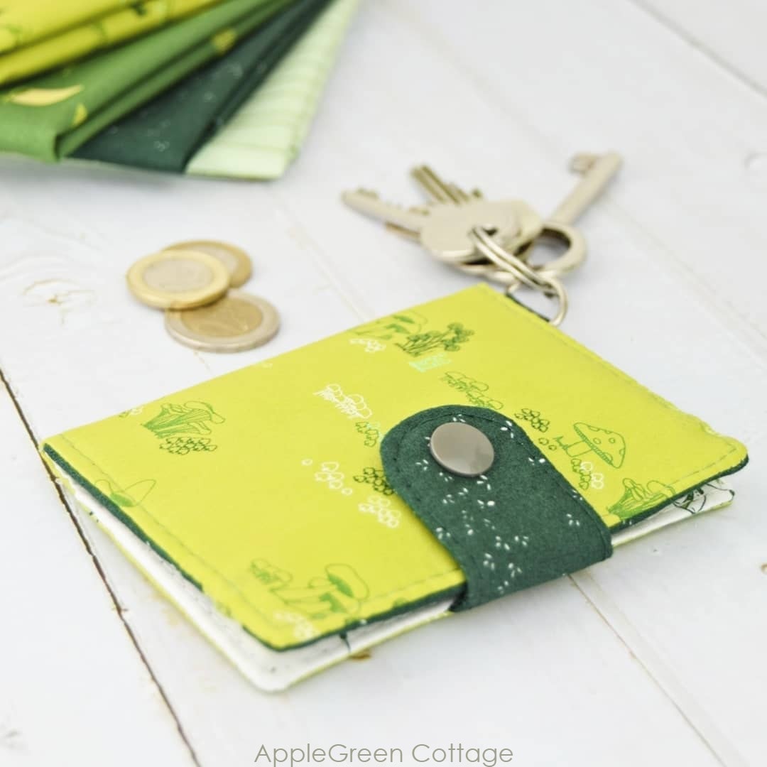 easy to sew mini wallet in art gallery fabric print with keys attached