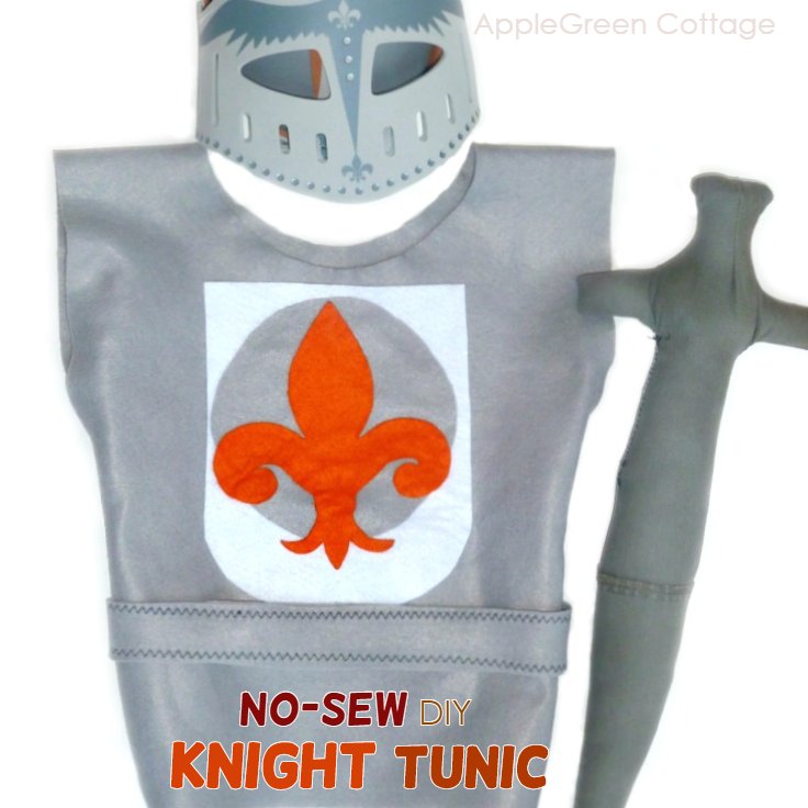 a homemade knight tunic from grey felt next to a homemade sword and a craft foam helmet