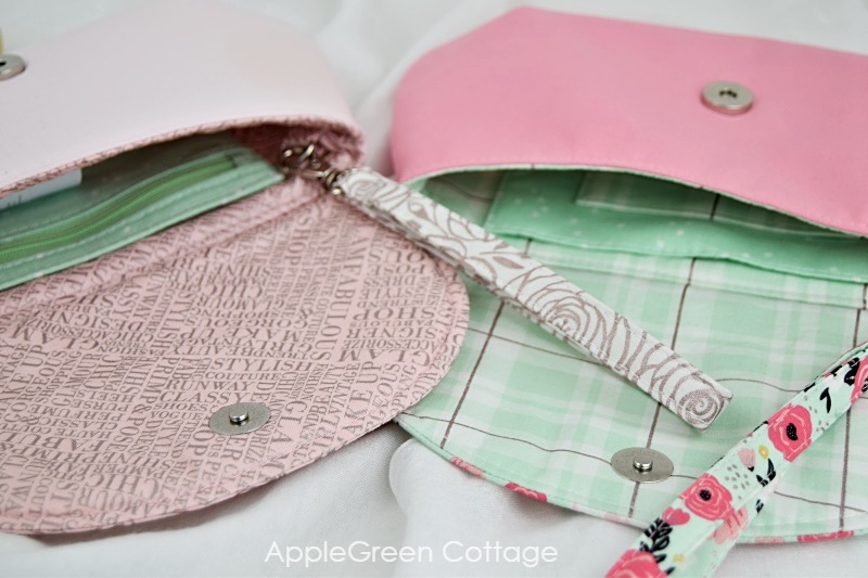 hidden wristlet strap on a sewing pattern purse with pockets