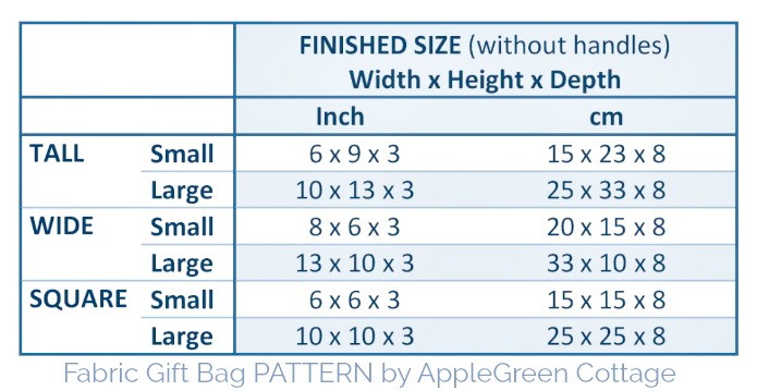 gift bag pattern sizes