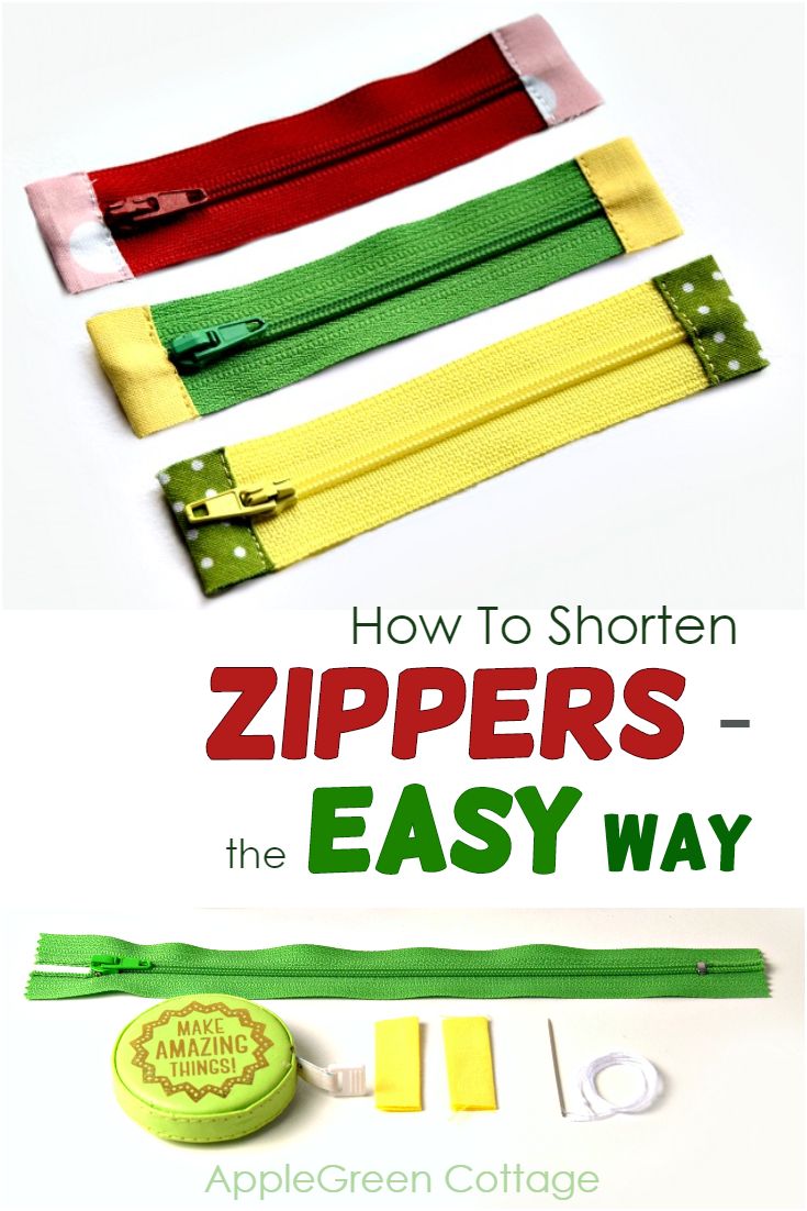 three shortened zippers in bright colors with fabric tabs