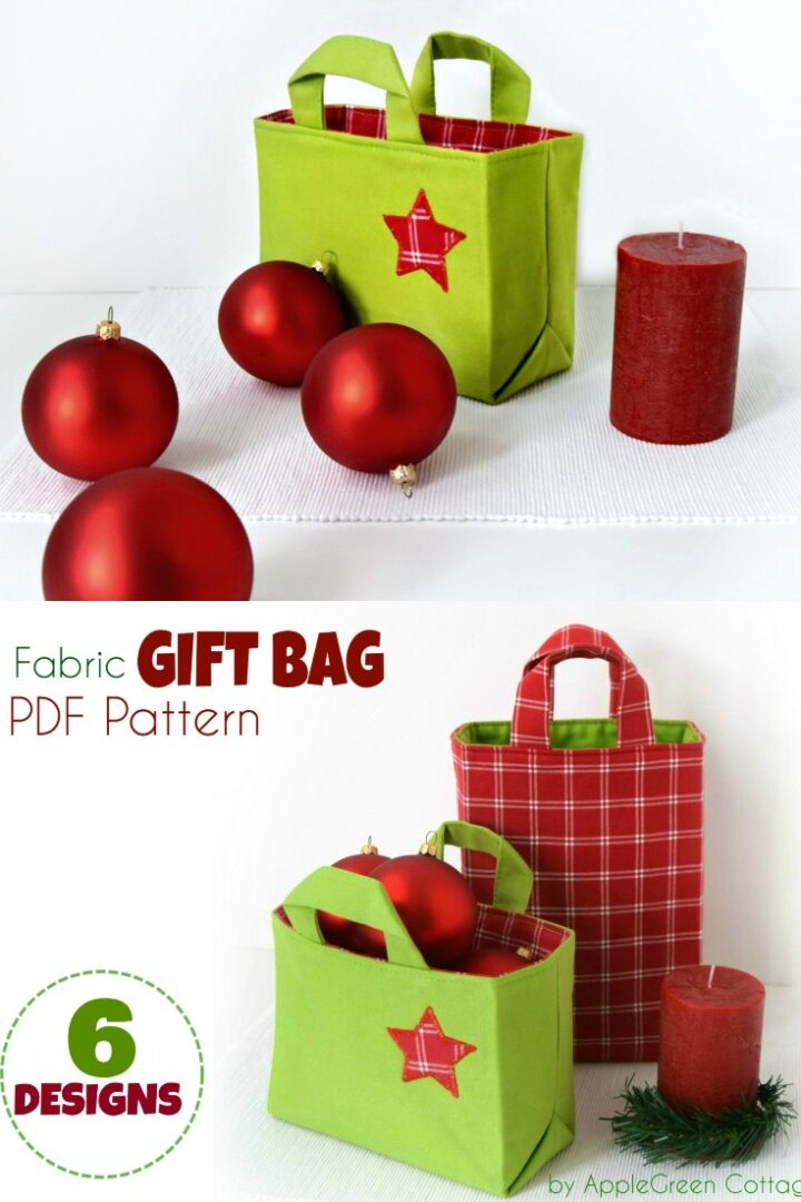 a holiday themed fabric gift bag sewn with an applegreencottage sewing pattern.