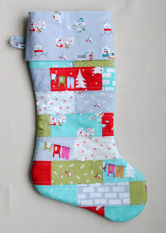 sewing patchwork christmas stocking