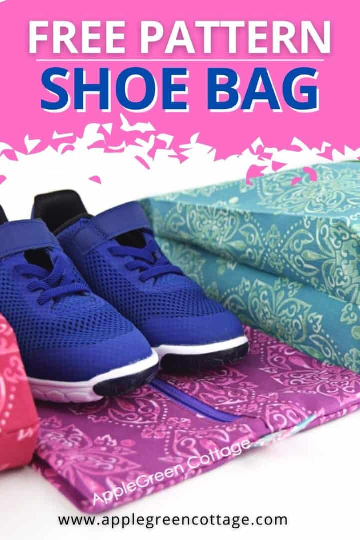 finished fabric shoe bags in 3 sizes with a pair of shoes to fit into the expandable section of the zipper bag