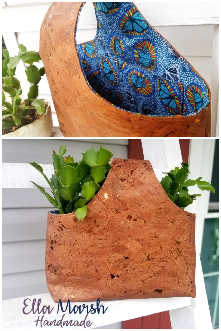 a sewing pattern for a storage tote sewn with glitter cork