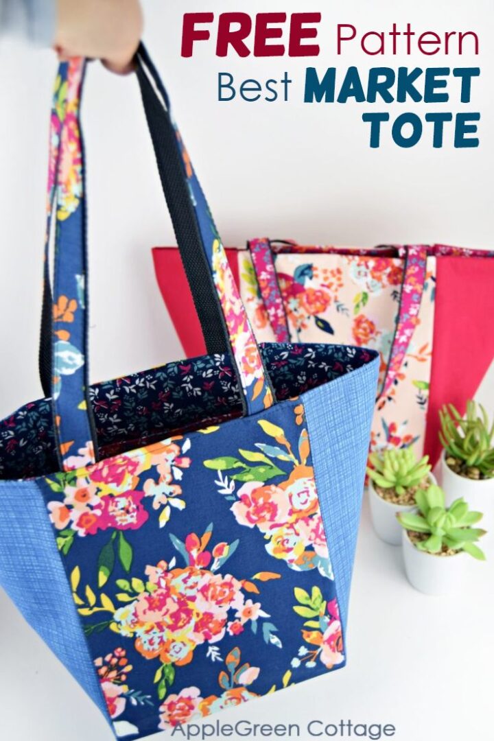 Mini Canvas Tote Bag with floral print side panels, pockets, snap closure