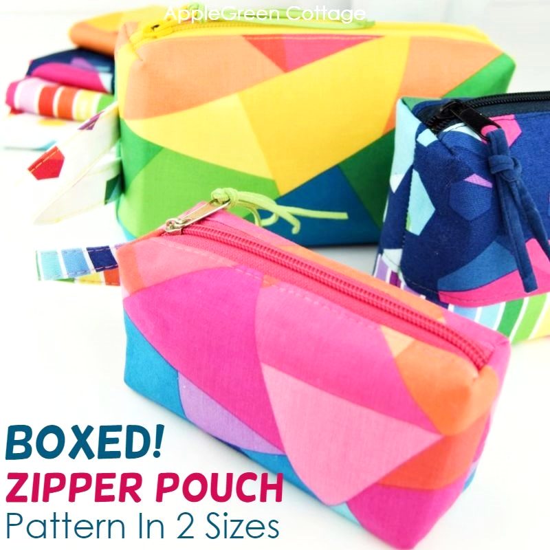 finished colorful fabric boxed zipper pouches grouped together to show different sizes