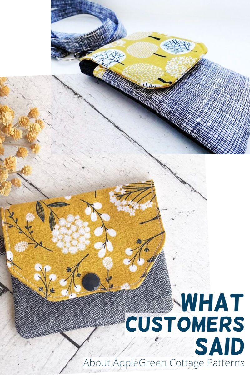 a finished cell phone purse with a flap and a handmade coin purse in mustard and denim cotton prints