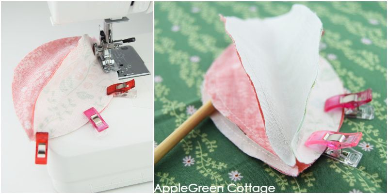 sewing pieces of fabric pumpkin together