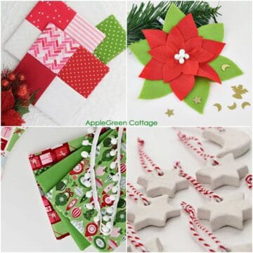 four handmade decorations created with felt and fabric in red and green colors