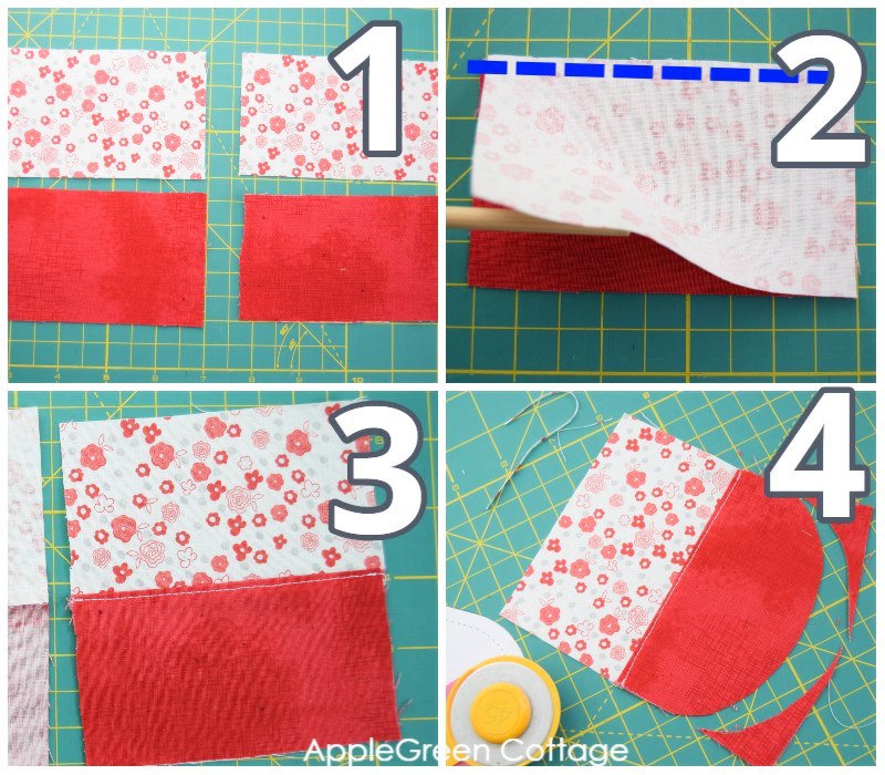 piecing instructions for a fabric drawstring gift pouch in red and white