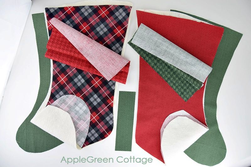 plaid fabric cut to make christmas stocking decoration