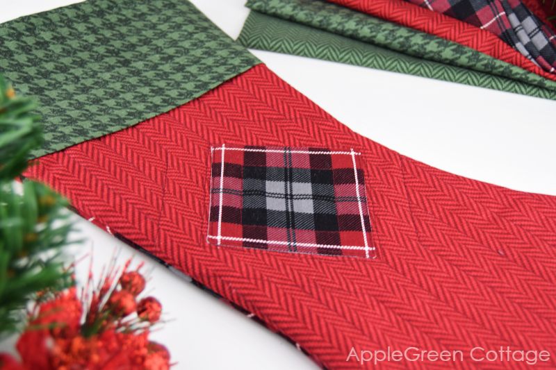 closeup of a handmade plaid christmas stocking