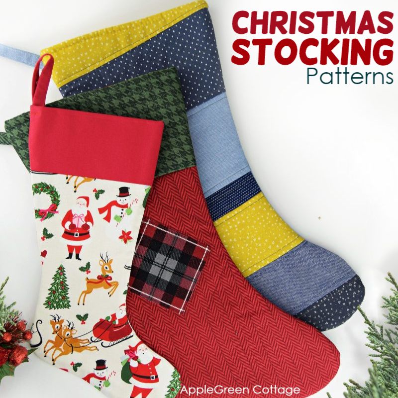 three colorful stockings made using a free christmas stocking pattern