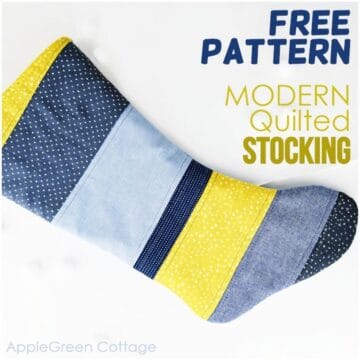 A modern quilted christmas stocking sewn with free applegreencottage sewing pattern.