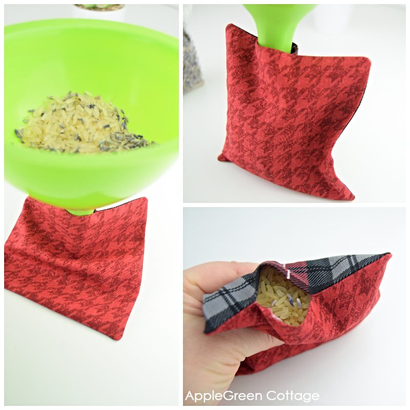 adding rice and lavender to homemade hand warmers