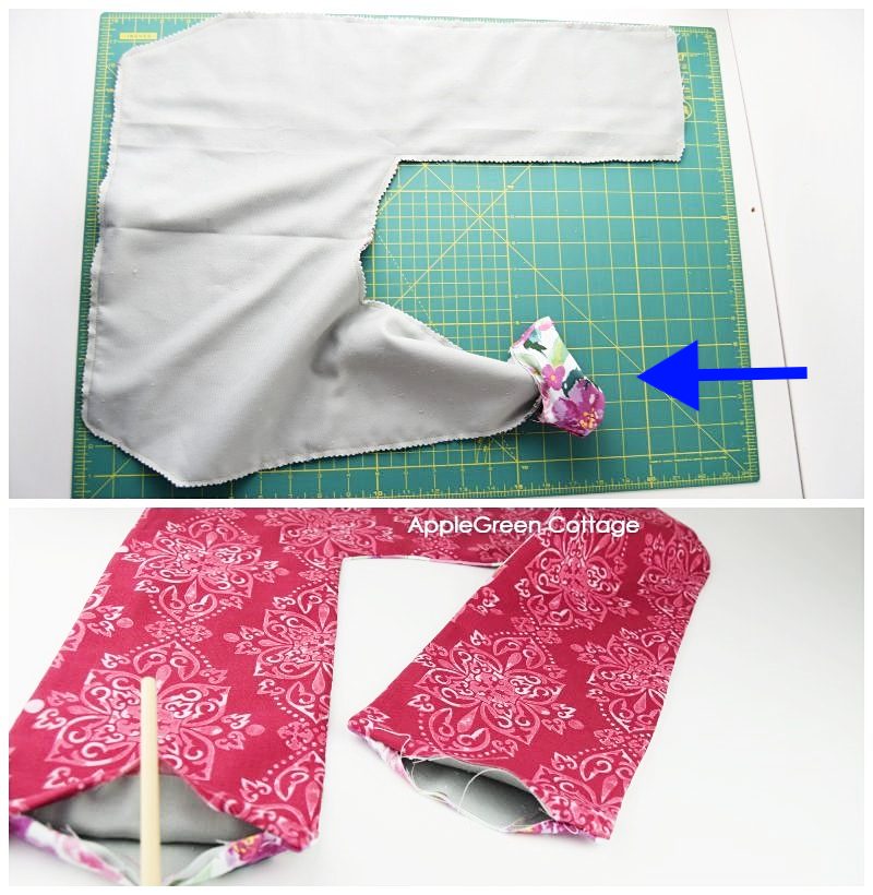 red sleeves sewn to finalize diy rice pack