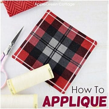 a piece of red and black fabric shown as applique with embroidery scissors and thread.