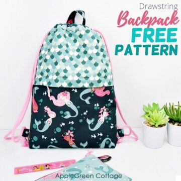 diy drawstring backpack in teal and blue fabric