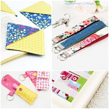 four small items sewn as gifts, a corner bookmark, a fabric keyholder, a patchwork decoration and a chapstick holder in pink and bright yellow fabric