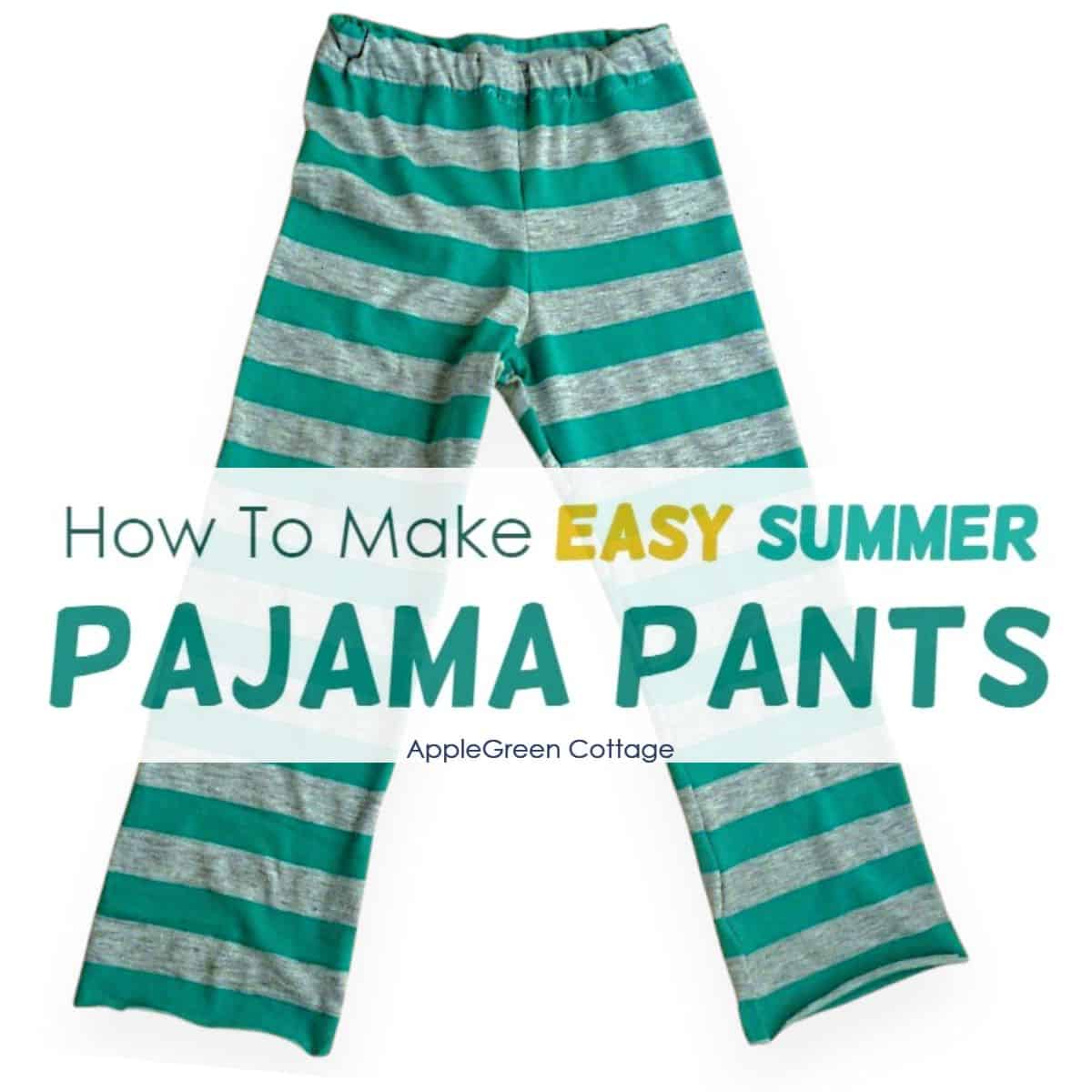 finished striped jersey pajama pants sewn on a home sewing machine.