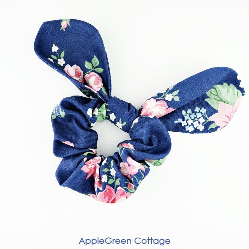 a finished bunny-ear scrunchie in blue Easter fabric