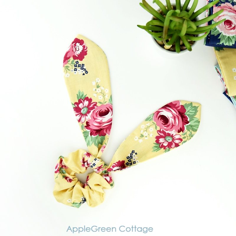 diy ear bunny scrunchie in yellow floral fabric