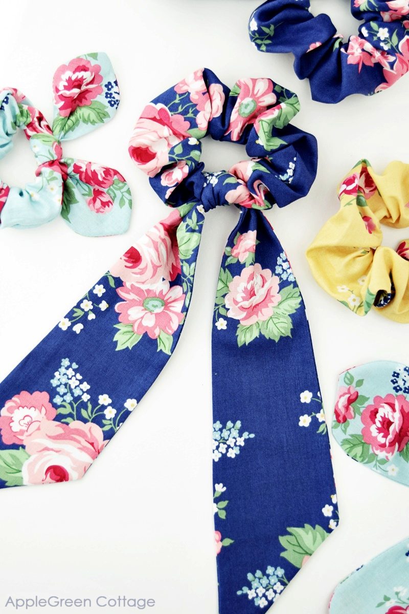 diy scarf scrunchie sewn with blue floral fabric