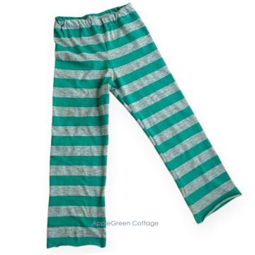 finished striped jersey pajama pants sewn on a home sewing machine.