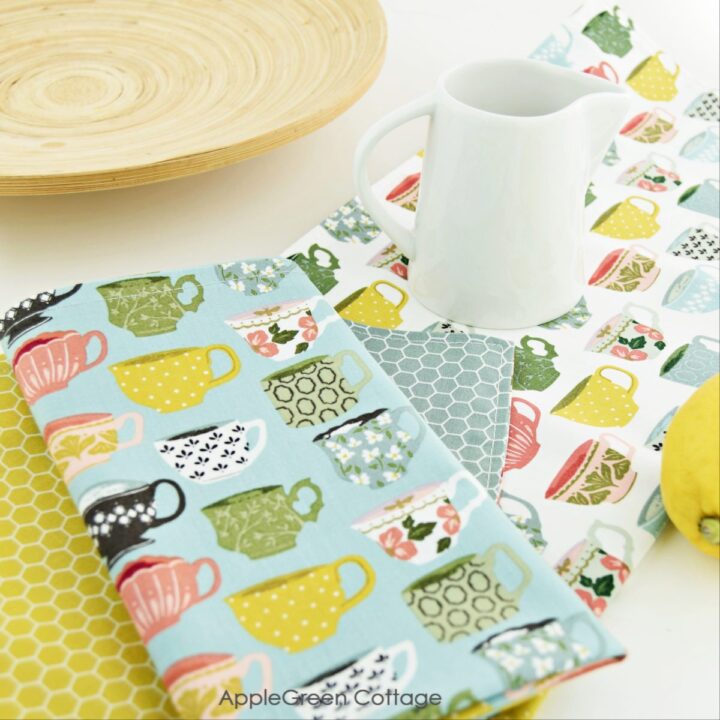 finished homemade fabric napkins with coffee-cup prints